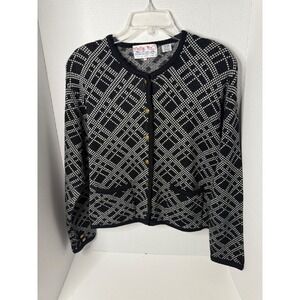 Vintage Tally Ho Collection Women M Black White Diamond Pattern Cardigan Sweater